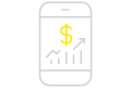 Outline image of a mobile phone showing a bar chart with trending upward line and a yellow dollar sign in the middle