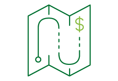 Outline of a partially folded map with a winding route ending in a green dollar sign.