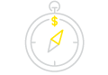 Outline of a round compass with a yellow dollar sign in the north position, and yellow pointer offset to the northeast position