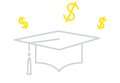 Outline image of a graduation cap with a tassel on the right, three yellow dollar signs floating above