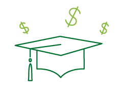 Outline of a graduation cap, tassel on the left, with three dollar signs floating over the cap