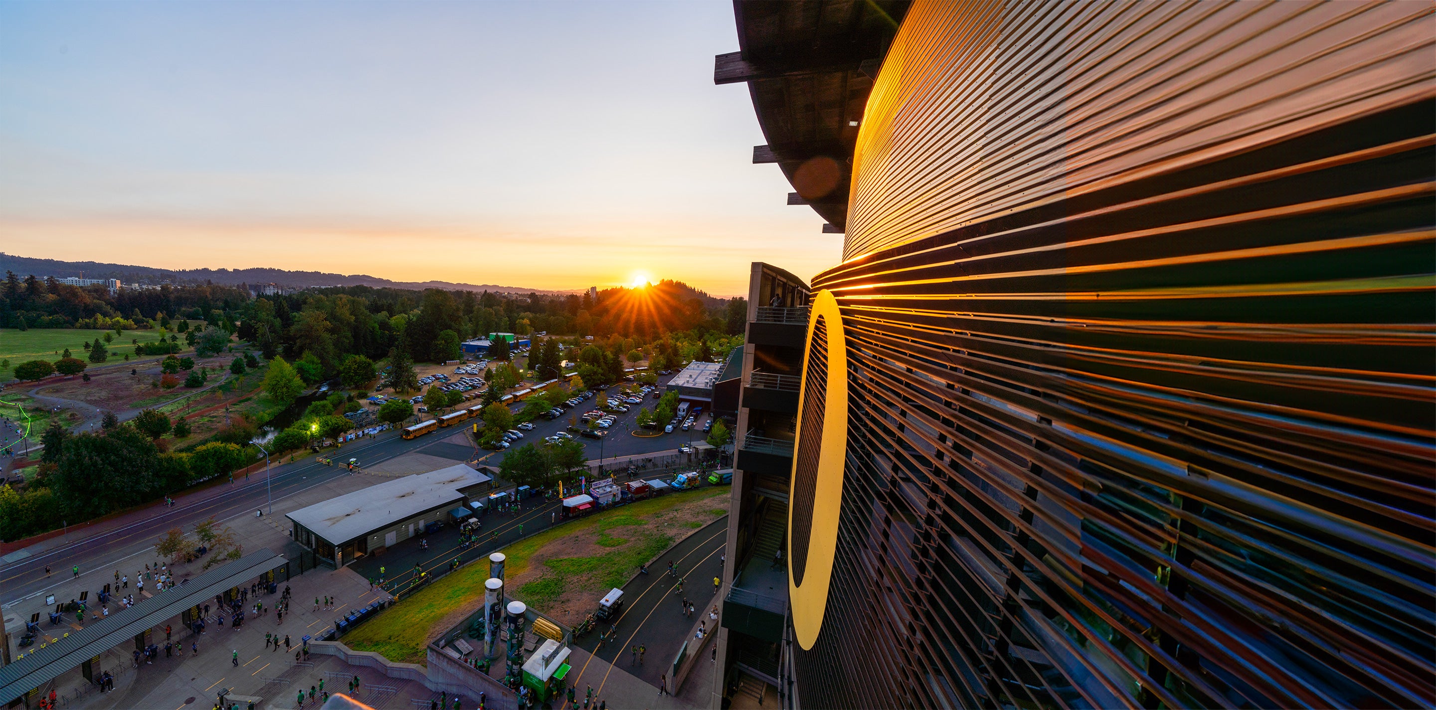 O on Autzen Stadium at sunset.