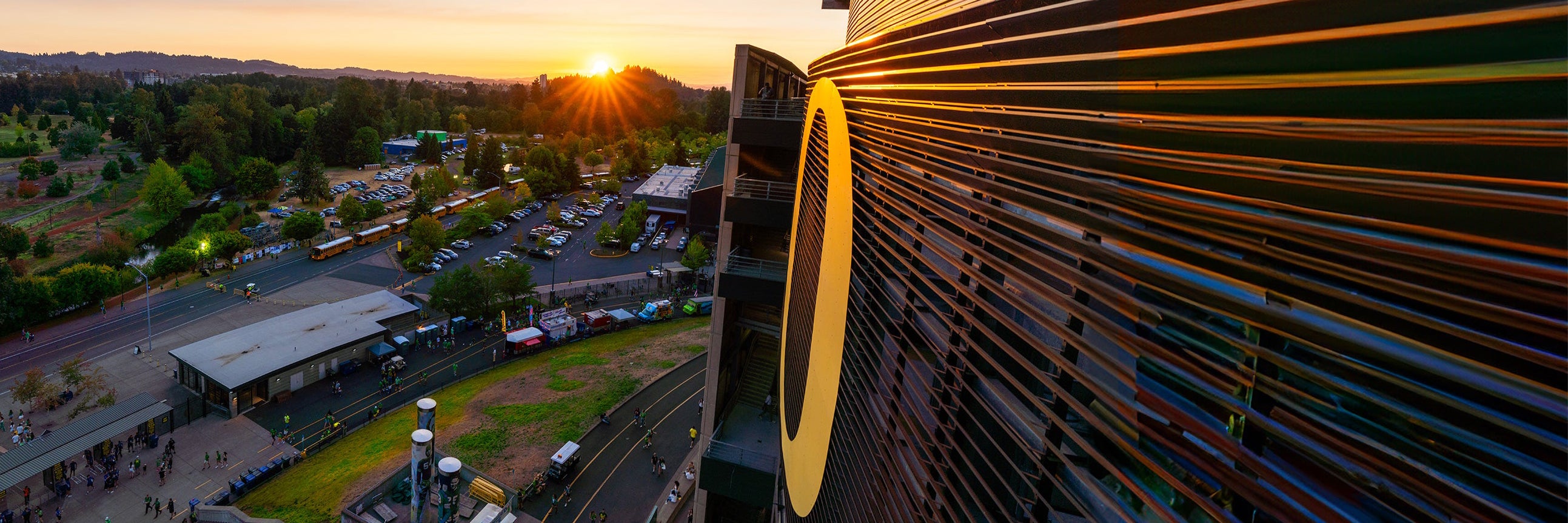 A view of the sunset and the O logo from Autzen Stadium